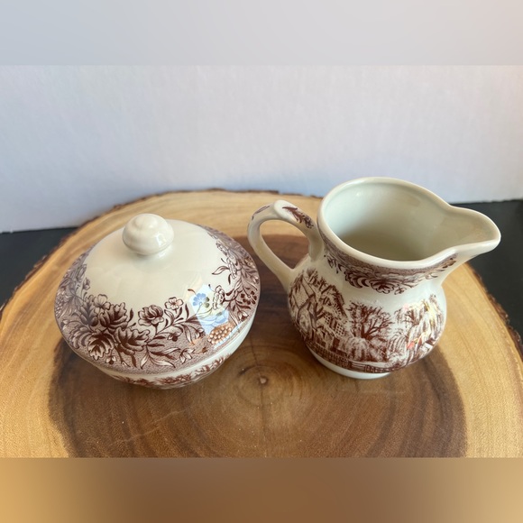 Churchill Currier & Ives “Mill Dam” Sugar Bowl w/Lid & Creamer Made in England - Picture 3 of 10